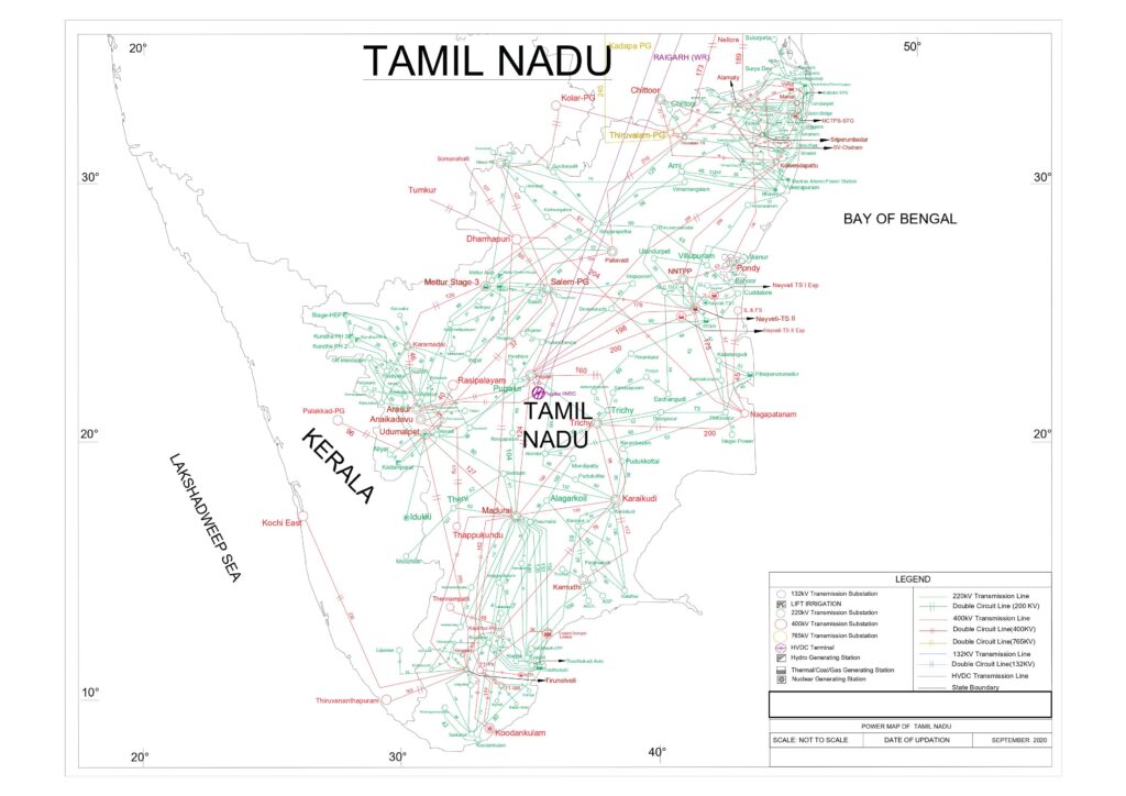 Tamil Nadu Electrical Transmission Grid Map showing 230 kV and 400 kV lines - for utility power supply network planning and due diligence